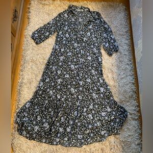 Zara Black, Light Blue and White Floral Long Sleeve Dress - size S